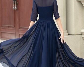 Dark Blue Chiffon Ballroom Maxi Dress, Flowing Summer Swing Party Gown, Custom, Xiaolizi 5143#