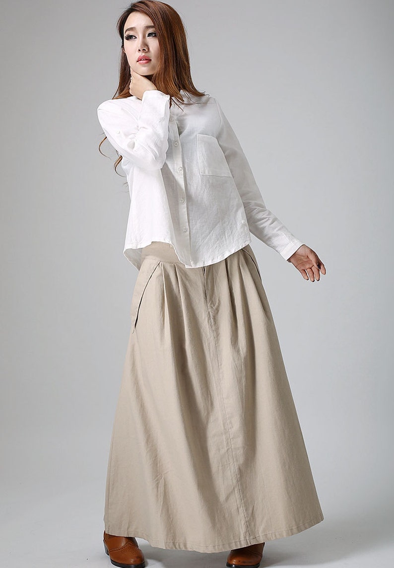 Khaki skirt, maxi skirt, long skirt, casual skirt, linen skirt, summer skirt, pleated skirt, fitted skirt, pockets skirt, gift ideas 0903 image 5