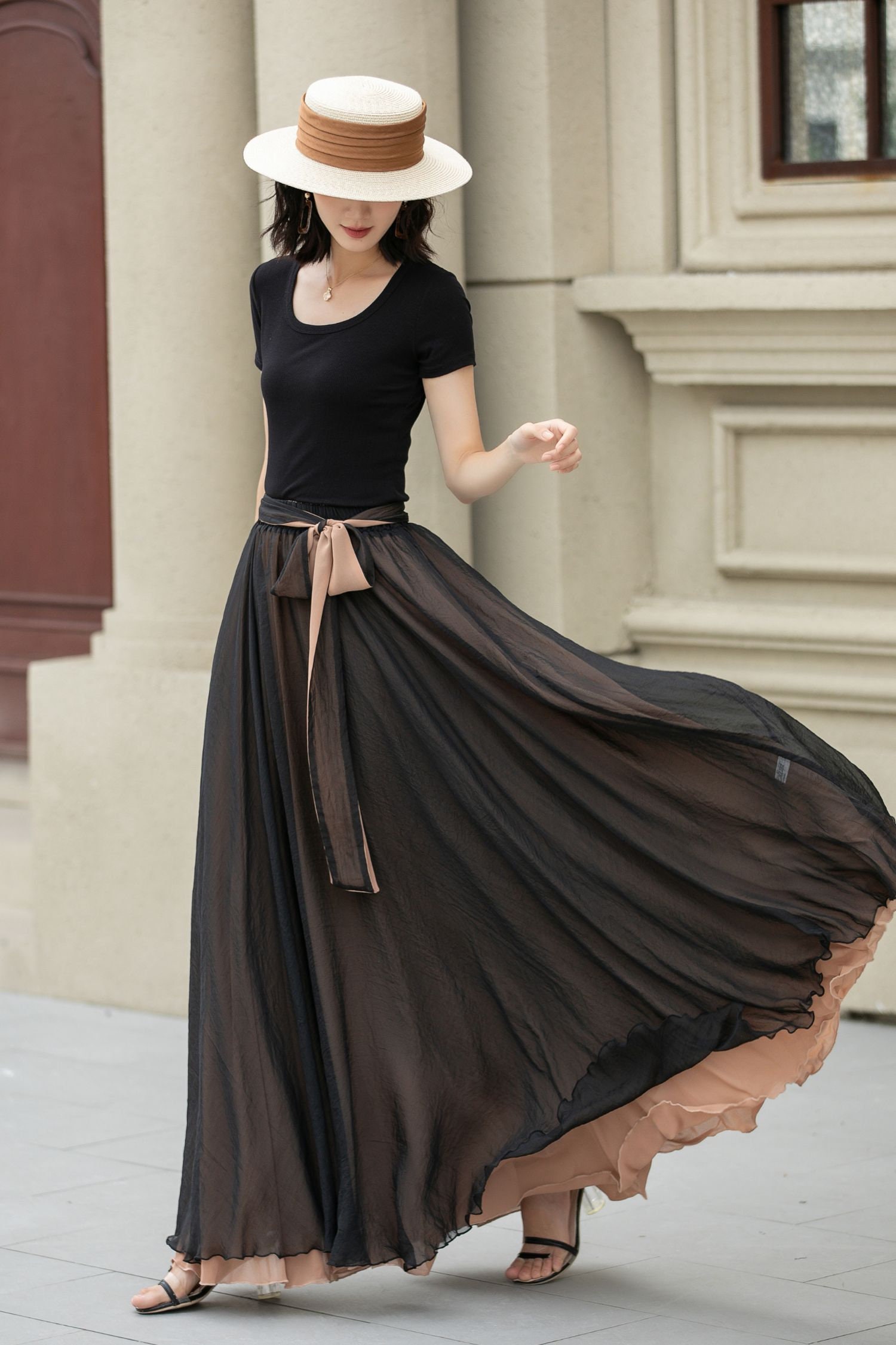 room306♡Chiffon Tuck Maxi Skirt Turquoise Chiffon Maxi Skirt, Summer Reversible Chiffon