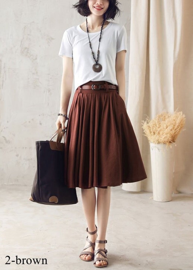 Women Pleated Circle Knee Length Linen Skirt, Swing Midi Skirt, A Line Flare skirt, Brown skirt, Vintage Summer skirt, Custom Skirt 2589 2-brown