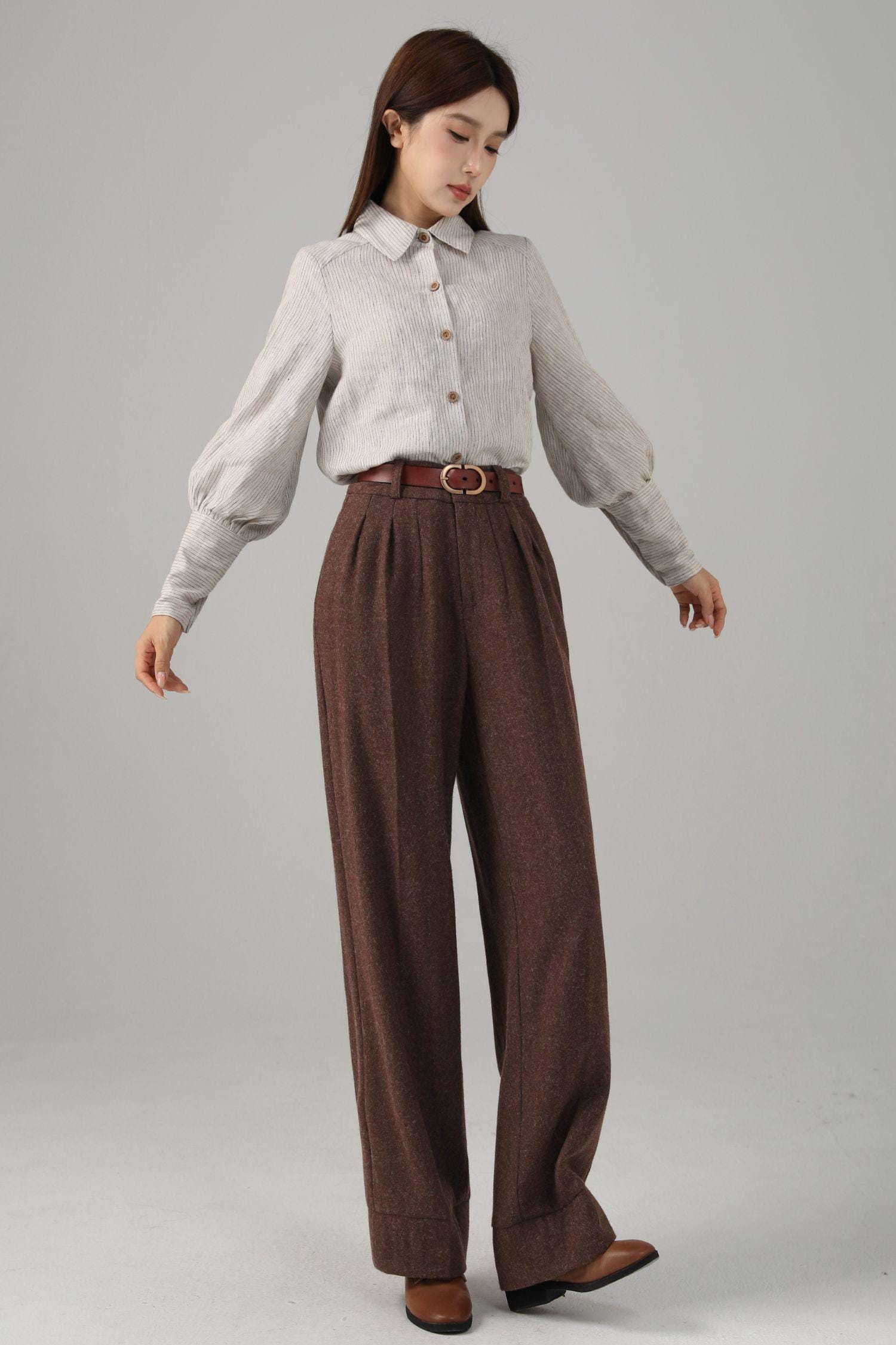 Brown Wool Blend Wide Leg Pants: High Waist Long Trousers, Custom 