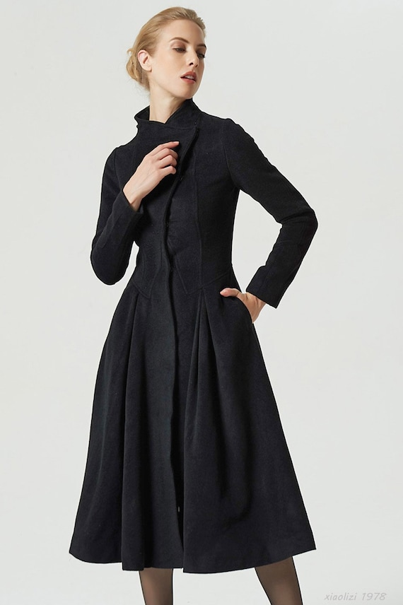 black coat midi wool coat winter coat stylish coat long | Etsy