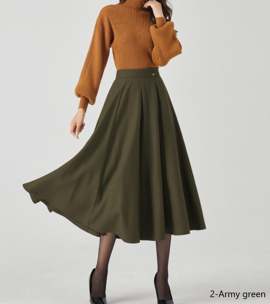 Womens Winter Wool Work Skirt, Army Green Wool Midi Skirt, A