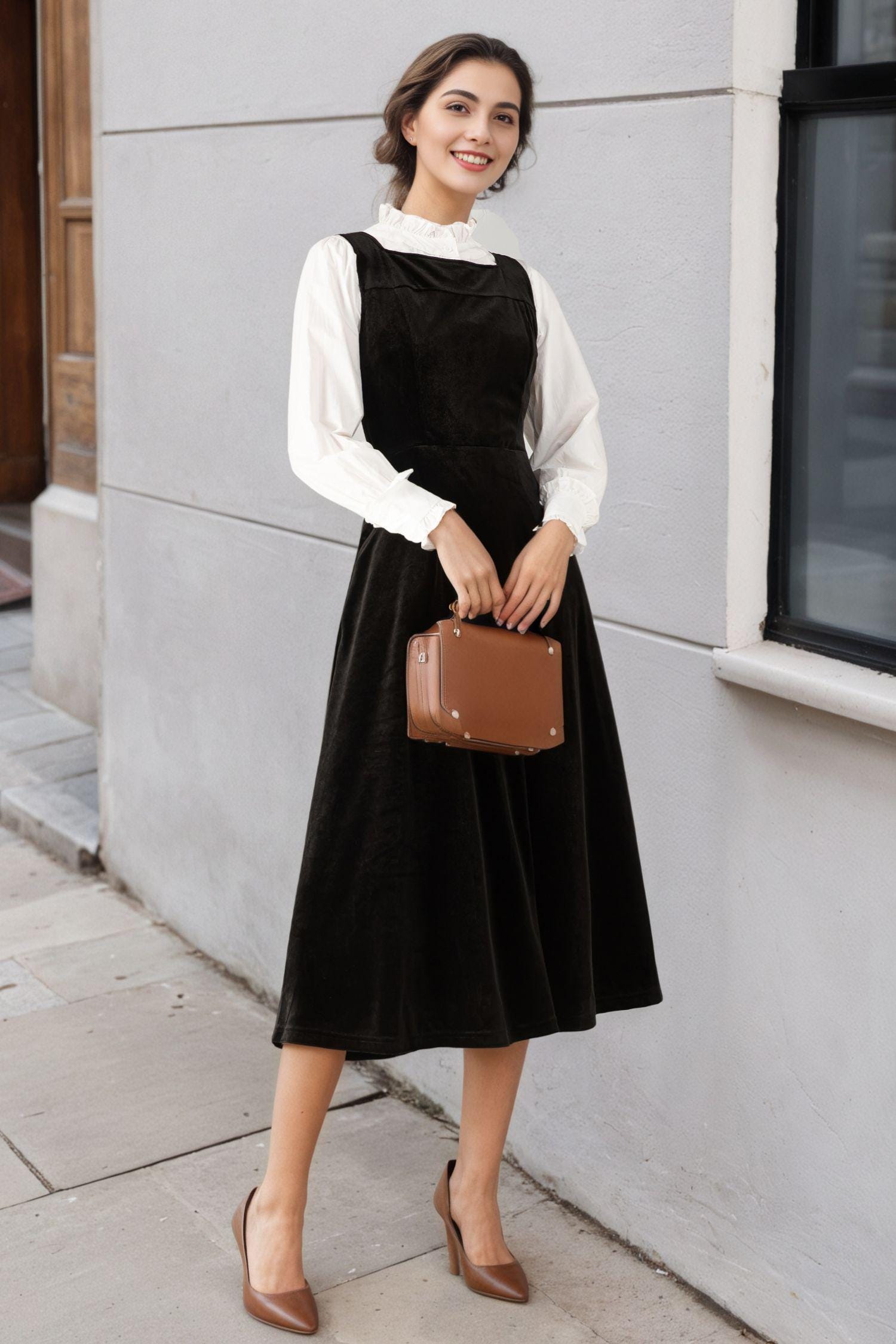 Women's Vintage Inspired Corduroy Midi Pinafore Dress for Women