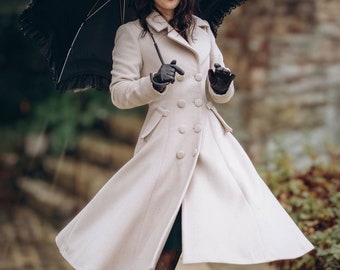 Vintage Inspired Maxi Wool Coat, Double Breasted Trench Wool Coat