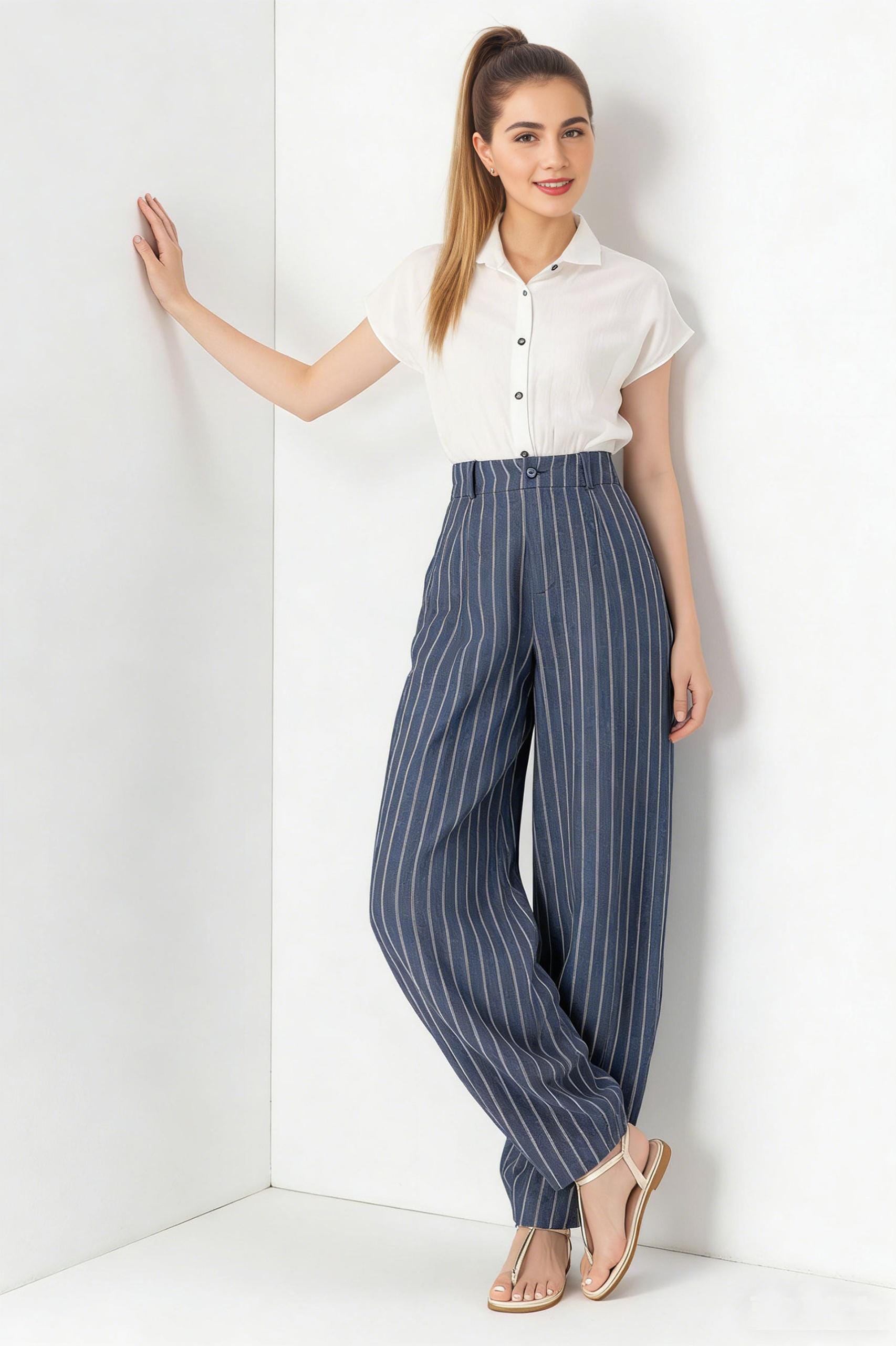 Striped Linen Wide Leg Pants, Womens Baggy Summer Trousers