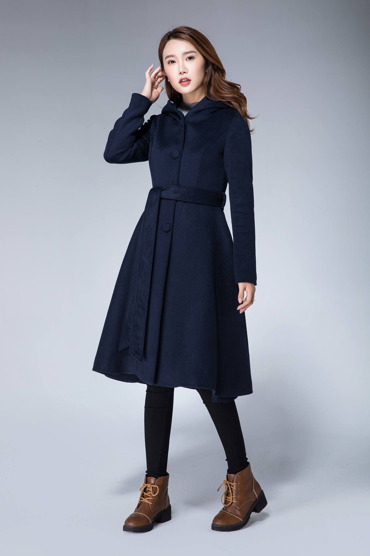 Wool Coat With Hood Belted Coat Navy Blue Coat Mod Coat | Etsy