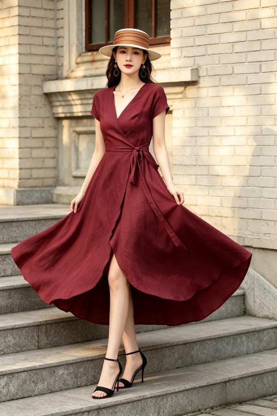 burgundy frill dress High-low Asymmetrical Ruffle Dress, Linen Wrap for Wedding Guest, Cottagecore Breathable Cap Sleeve Sundress, Xiaolizi 6803 Plus Size Pleated Midi designer evening gowns The versatile midaxi length CAMO Colors:MC2 BLUE