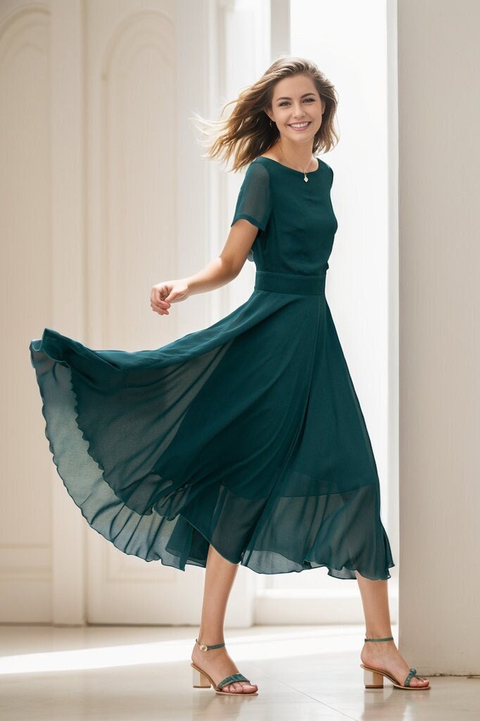 Chiffon dress, Midi Chiffon Dress, Swing Chiffon dress, fit and flare dress, Summer dress, Womens dresses, Custom dress，XiaoLizi 5145