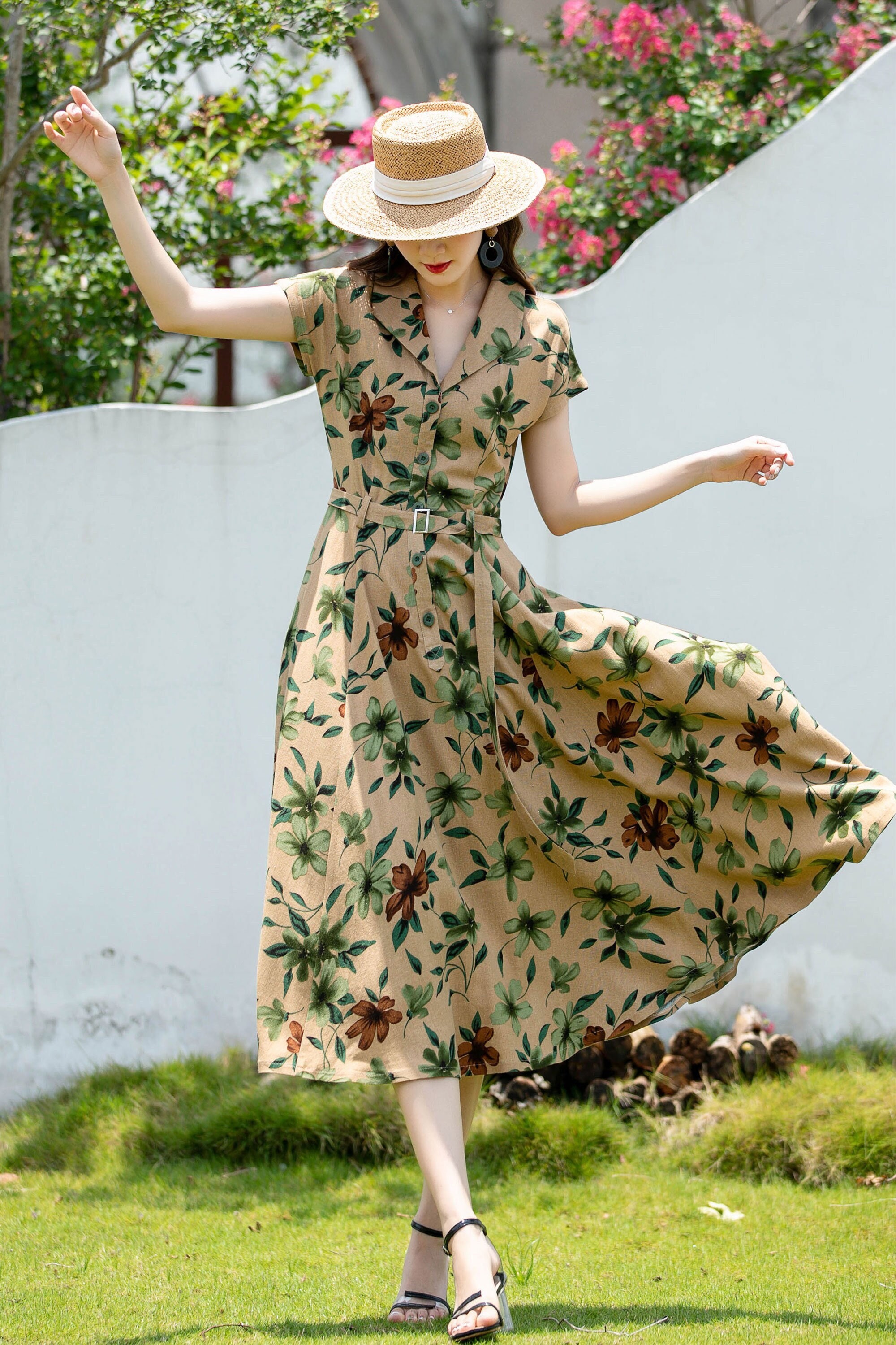 knee length dresses for ladies Abstract Floral Print Long Shirt Maxi Dress Vacation Casual – ADOR main image 1