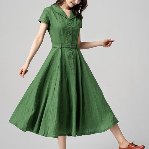 Linen Summer Dress | Green Swing Shirt 4195 Handmade By Xiaolizi Linen Summer Dress | Green Swing Shirt 4195 Handmade By Xiaolizi