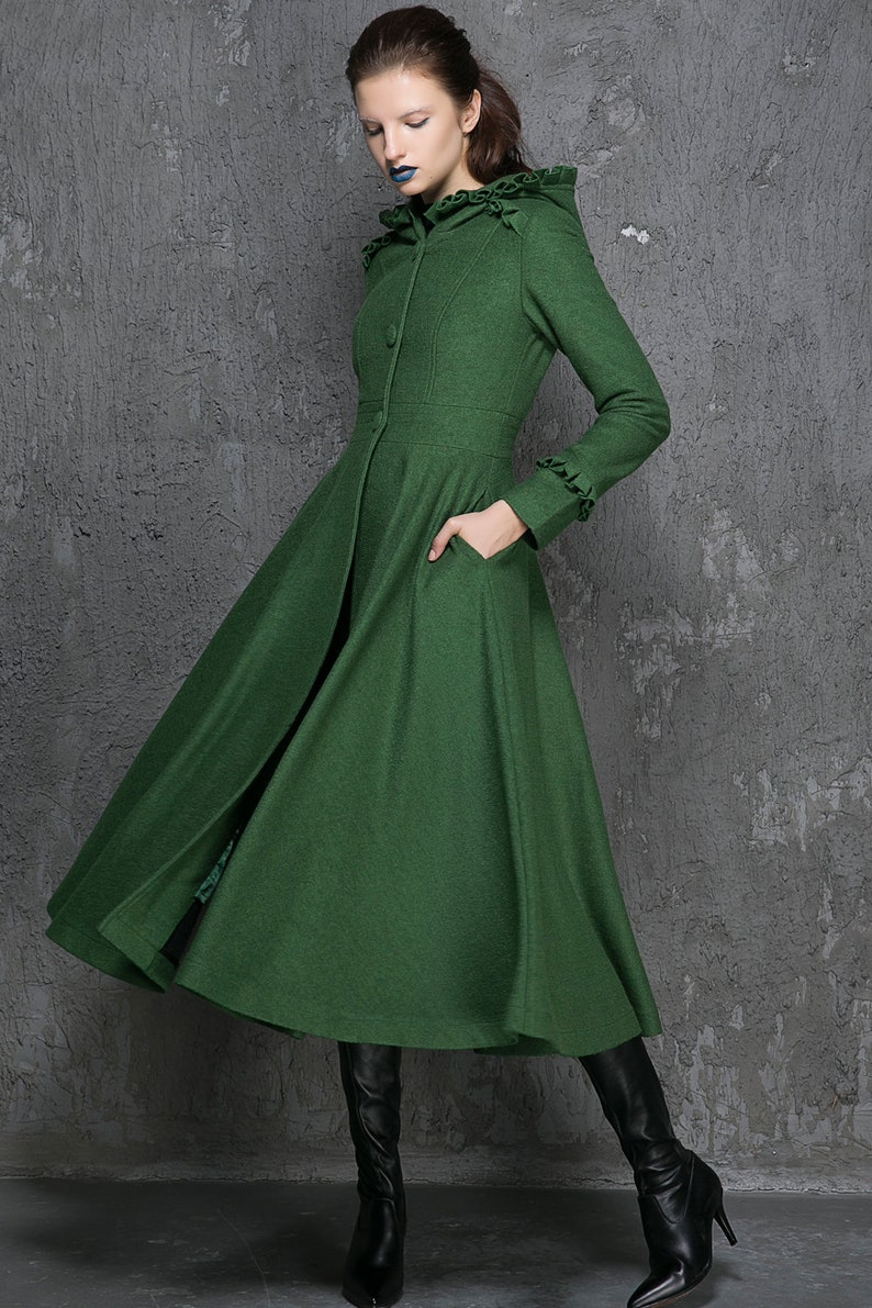 ruffle coat gray coat hooded coat womens coat Coat dress wool coat Made to order trench coat handmade coat 1369# long coat