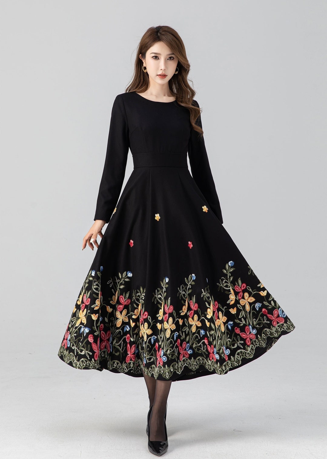 Gray Wool Dress, Midi Wool Dress, Swing Long Wool Dress for