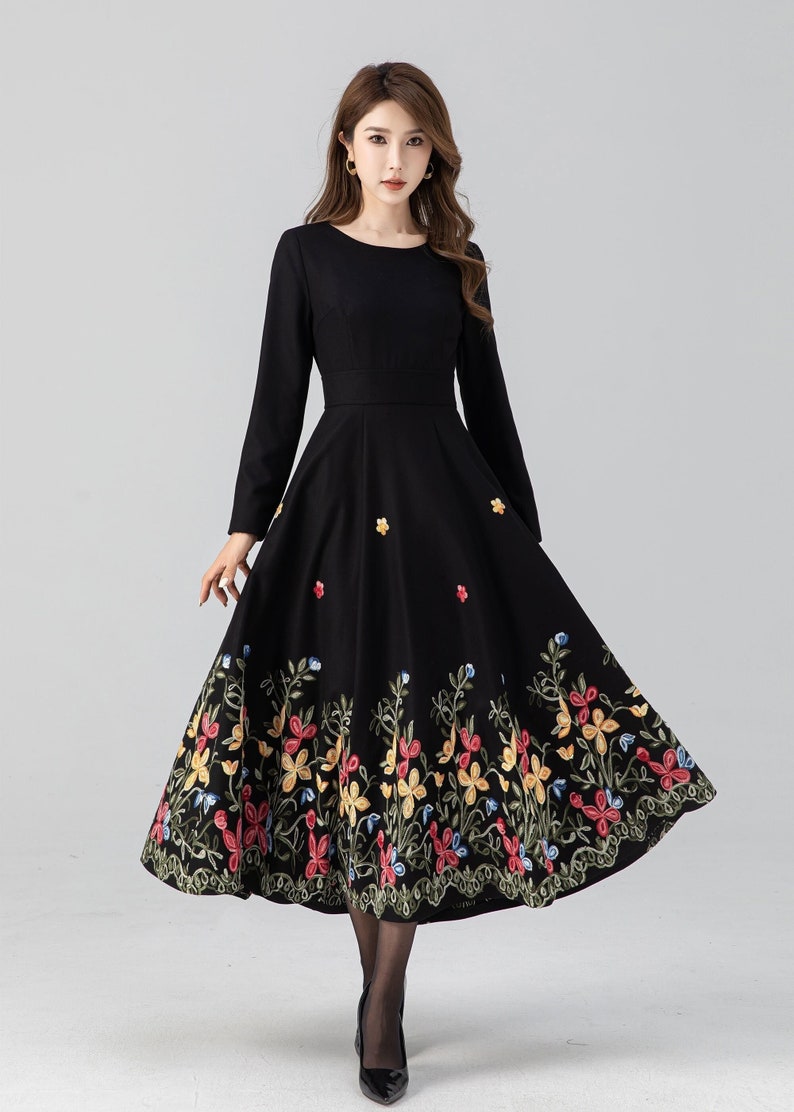 Midi wool dress, Black embroidered dress, Long sleeve wool dress, Fit and flare dress, Swing winter dress, Custom dress, Xiaolizi 4663 image 1