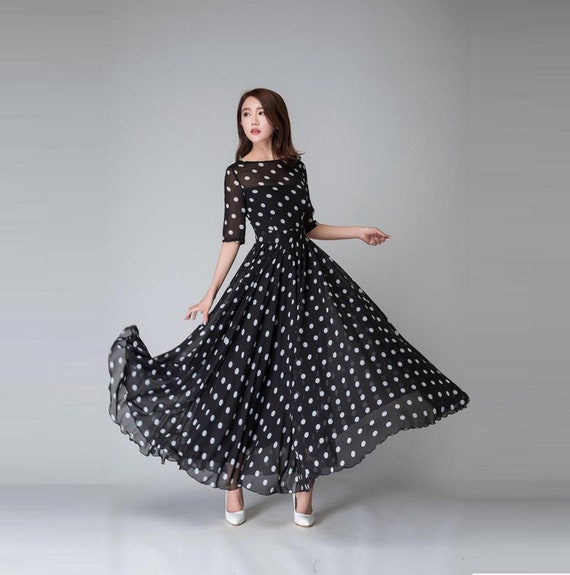 black polka dot chiffon dress