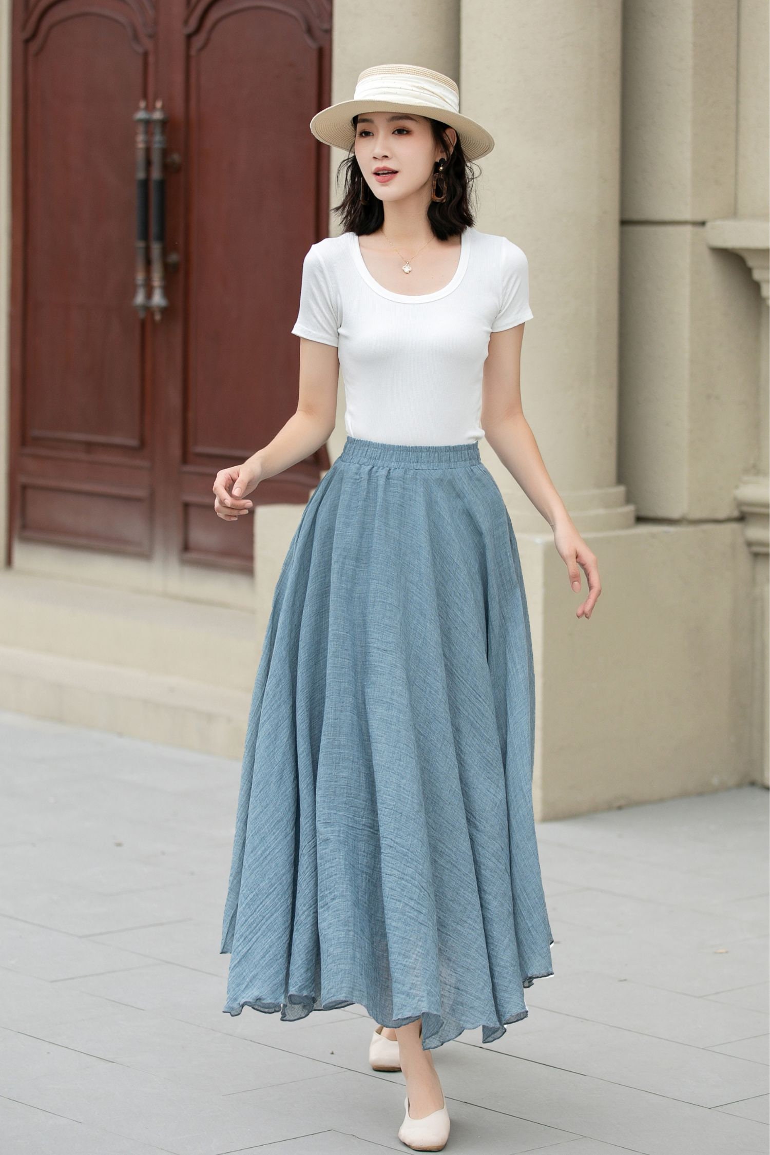 Cotton Maxi Skirt Women, Flowy Long Skirt, Pleated Boho