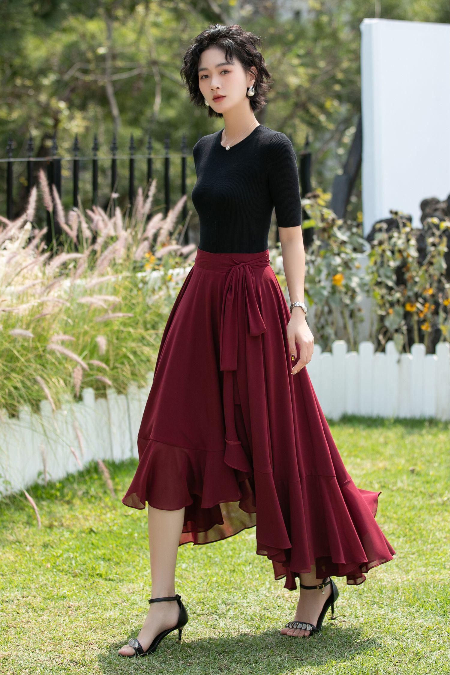 専用3 Burgundy Chiffon Wrap Skirt: Asymmetrical Ruffle Hem Midi Skirt