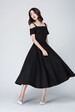 Vintage Off shoulder Maxi dress, Black dress, 50s dress, fit and flare dress, swing dress, Linen dress long, cocktail dress for women 1576#