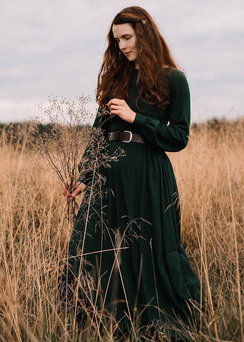 Women Vintage inspired Medieval dress, Long sleeve Linen maxi dress, Green dress, Long dress, Modest dress, Gothic dress, Autumn dress 3125# 