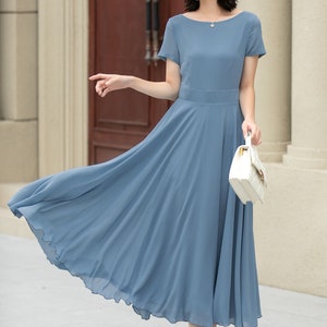 Summer office dress, Blue Chiffon Dress, Midi chiffon dress, Womens Swing Chiffon dress, fit and flare dress, Custom dress, XiaoLizi 5192 image 2
