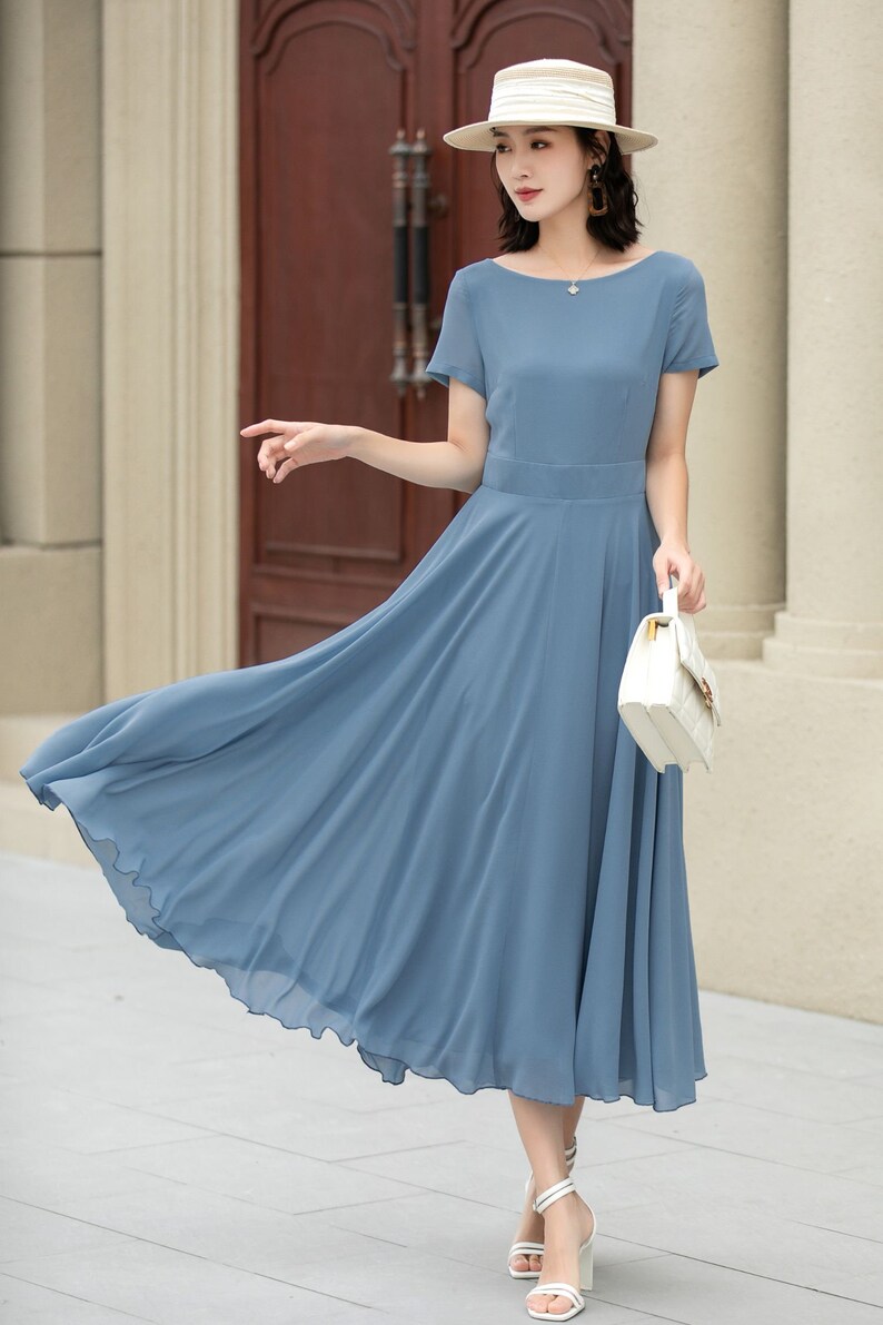 Summer office dress, Blue Chiffon Dress, Midi chiffon dress, Womens Swing Chiffon dress, fit and flare dress, Custom dress, XiaoLizi 5192 image 2