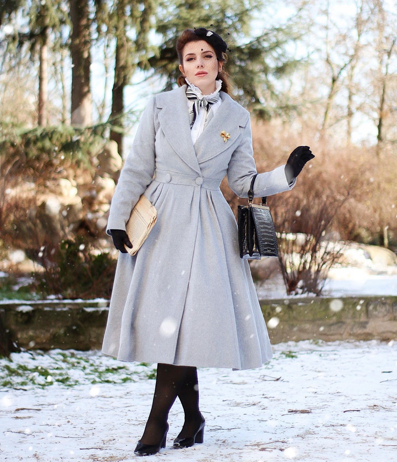 Wool Princess coat, Dress Coat, 1950s Vintage inspired Swing coat, Long wool coat women, winter coat women, fit and flare coat 1640 Light gray
