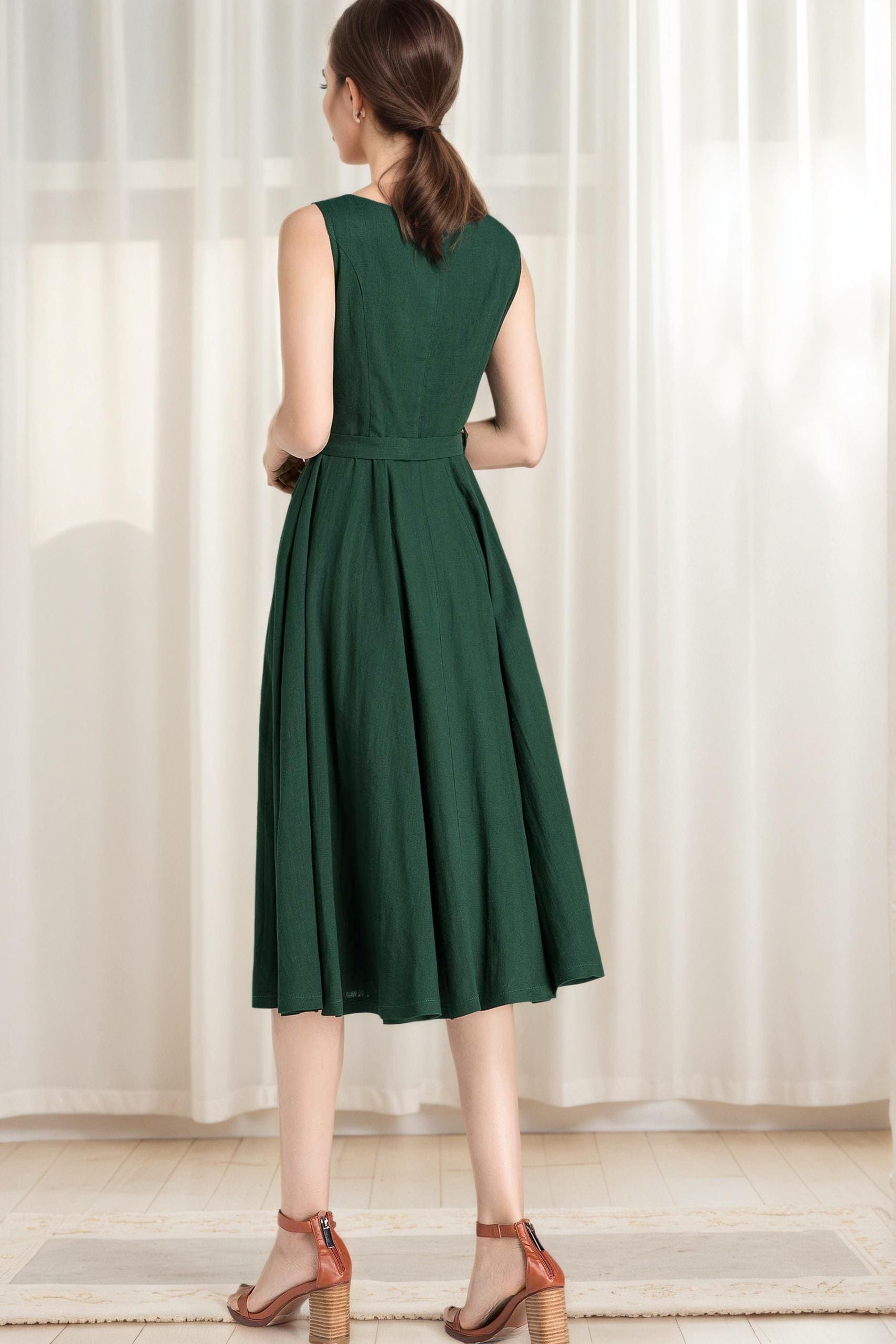 knee length dresses for ladies Unique Vintage Green Sleeveless Cotton Swing Dress