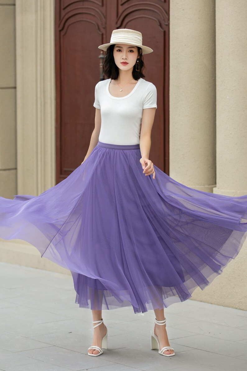 Jupe en mousseline de soie, jupe midi en tulle bohème à taille élastique, jupe en tulle de plage bleu pour femme, jupe d'été grand cercle swing, jupe longue de danse 4271 7-purple