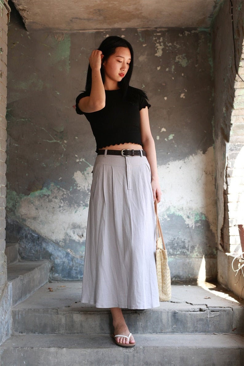 A Line Maxi skirt, Linen skirt, Long Linen skirt, gray skirt, ladies skirts, pocket skirts, Summer spring outfit, custom skirt 1039 Light Gray-2137