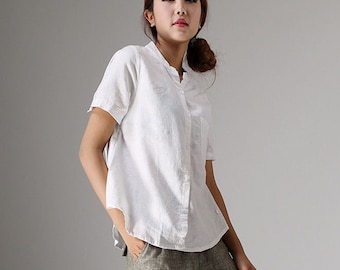 Chemise en lin, chemise boutonnée en lin, chemise en lin femme, chemise en lin décontractée, chemisier en lin, chemise en lin à manches courtes, Xiaolizi 98611 #