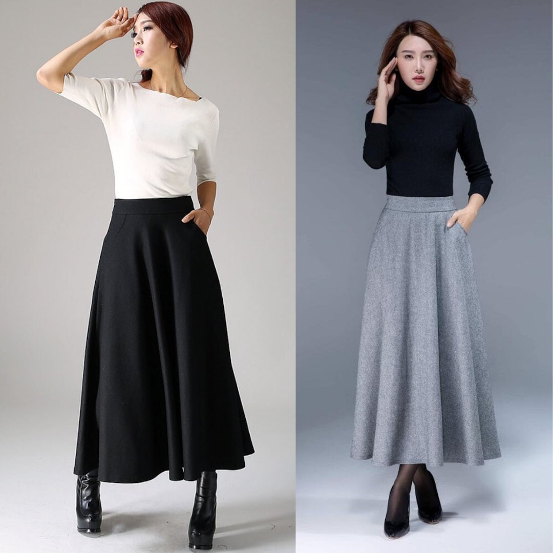 Long Wool Skirt, Black Wool Skirt, A Line Skirt, Vintage 1950s Maxi ...