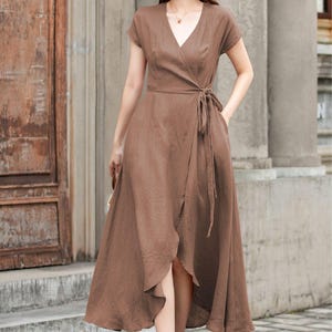 Wrap Linen dress, Short sleeves Linen Wrap dress, V neck dress, Summer Linen Midi dress Womens, Handmade Linen dress, xiaolizi 5761