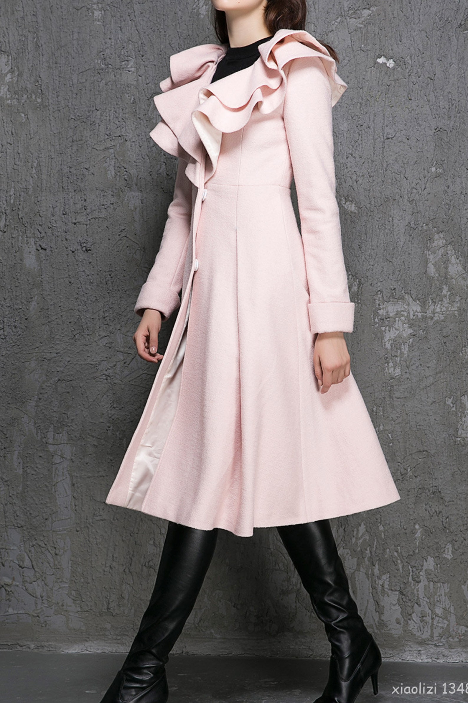 Pink coat wool coat ruffle collar winter coat long wool Etsy