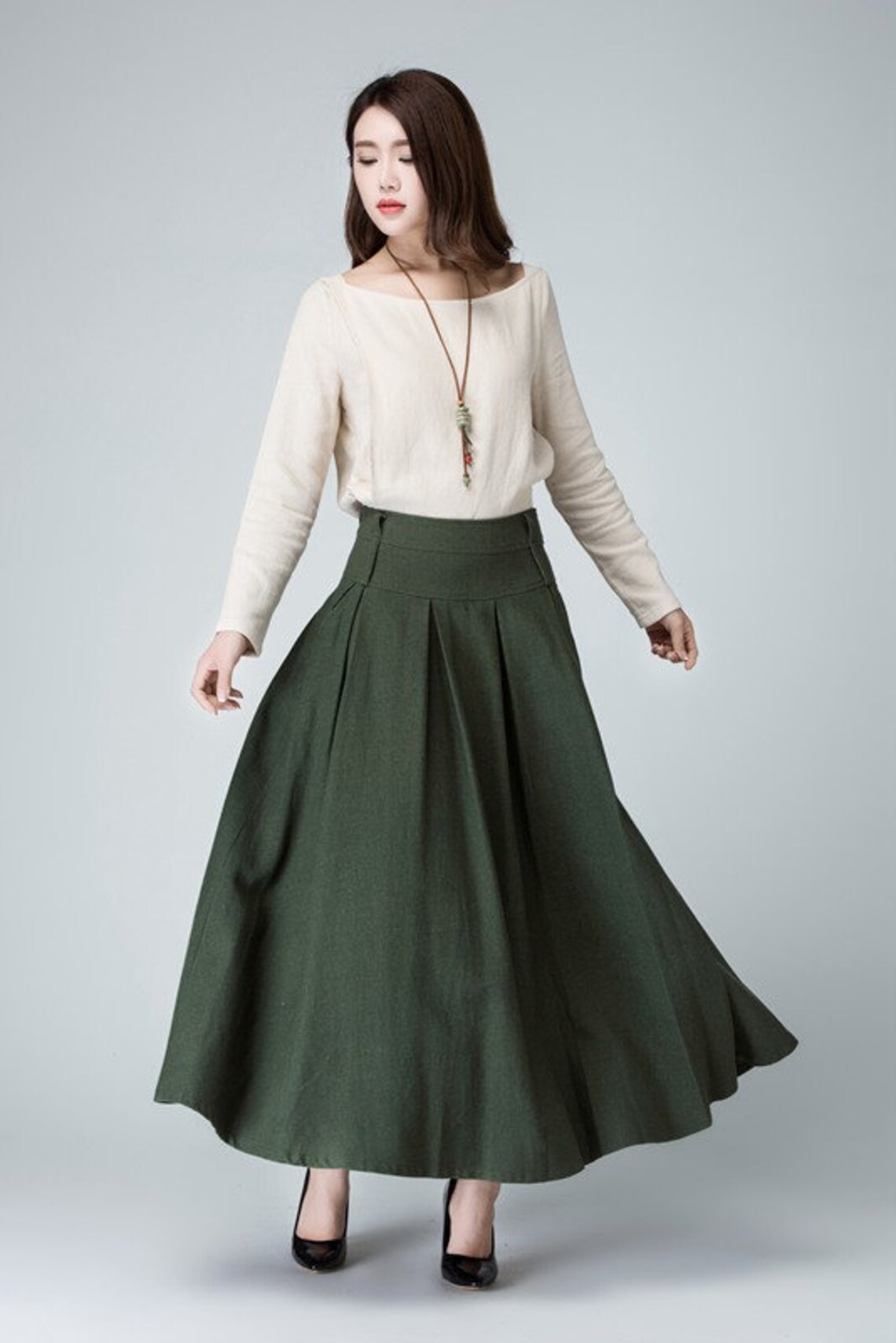 Olive green skirt long skirt pleated Maxi skirt linen Etsy