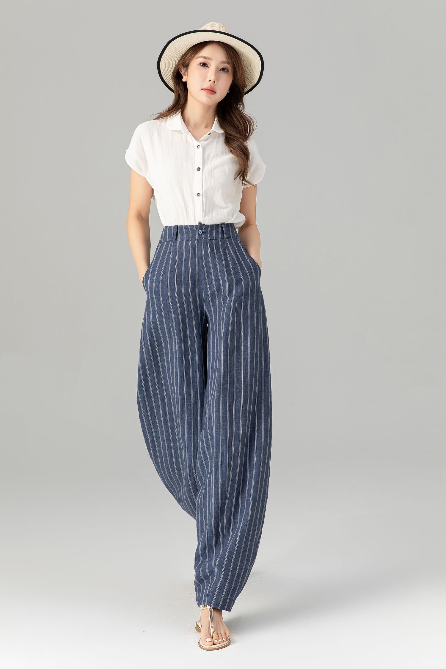 Striped Linen Wide Leg Pants, Womens Baggy Summer Trousers