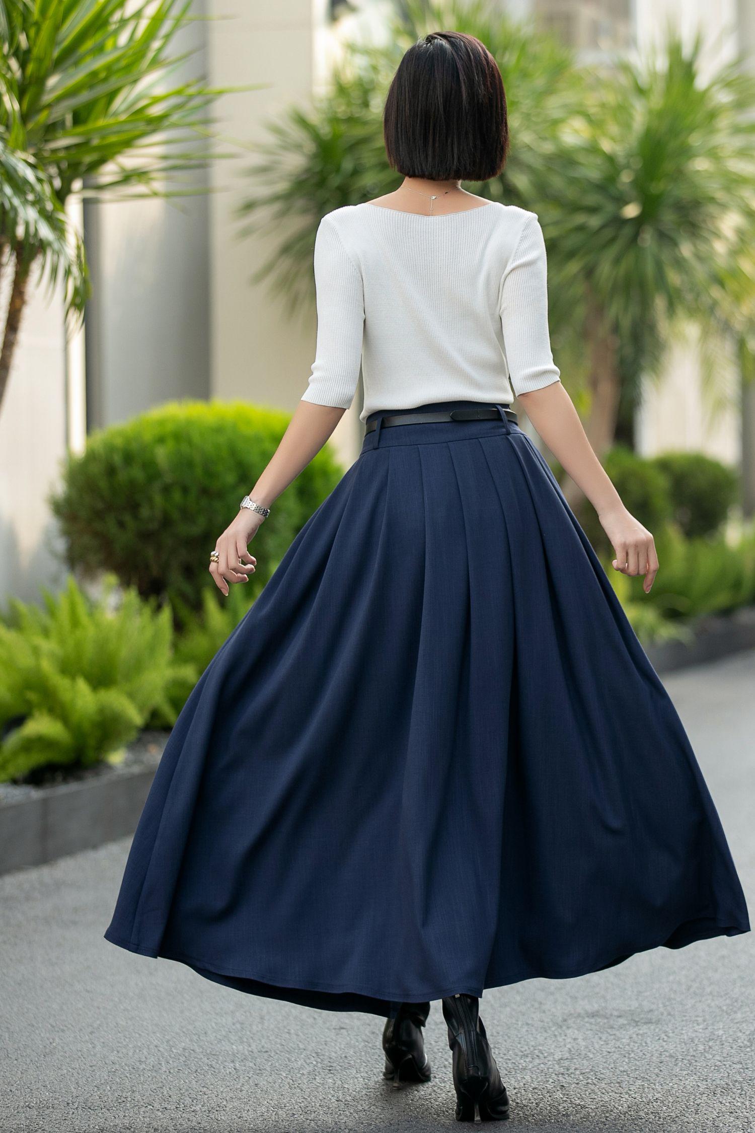 Navy Blue Pleated Maxi Skirt - High Waist A-line Swing, Pockets