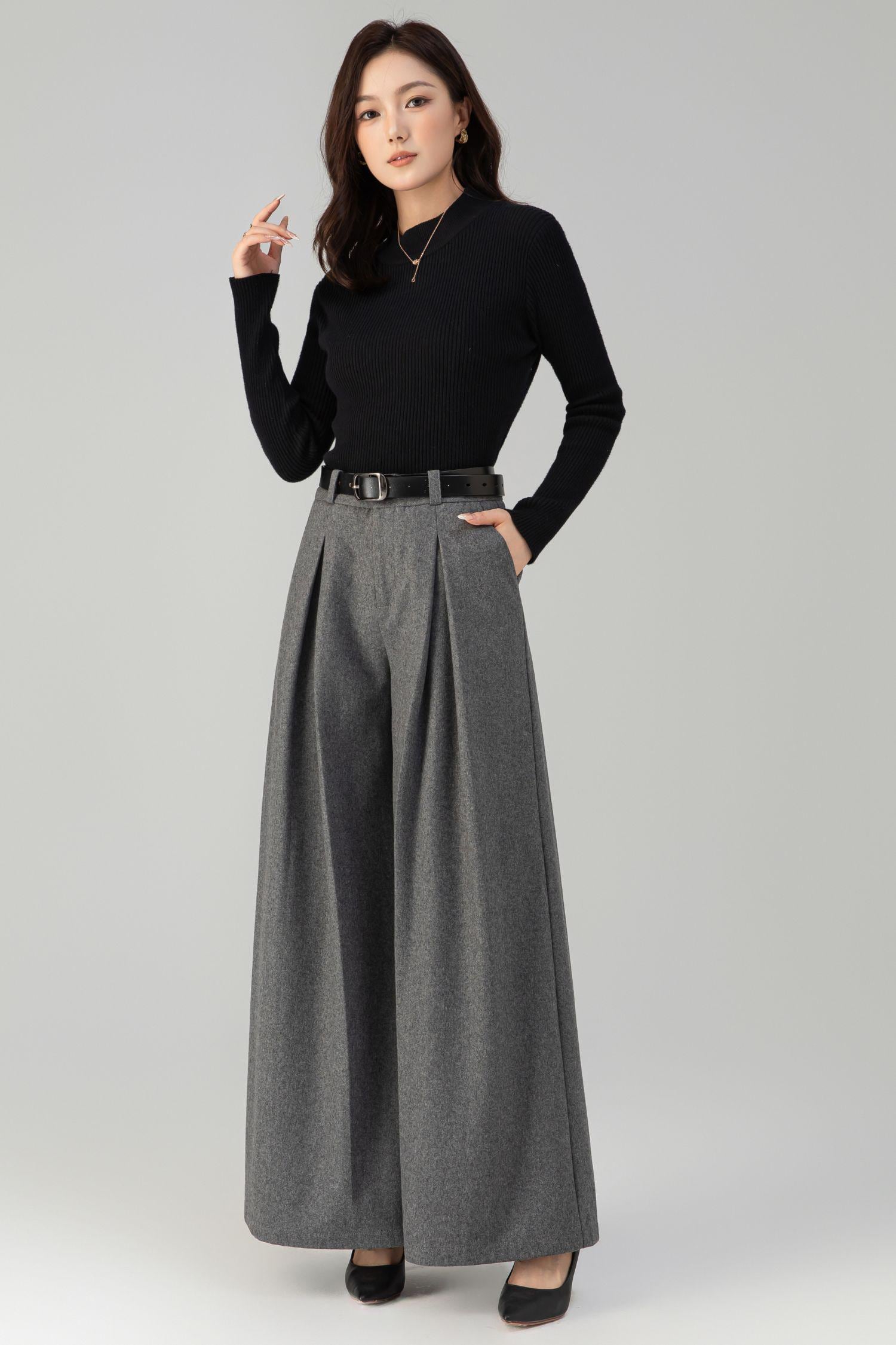 Gray Wool Blend Wide Leg Pants: High Waisted Women's Pleated