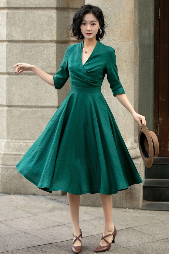 green emerald velvet dress Green Satin V Neck A-Line Midi Dress & Reviews - Green - Dresses main image 0
