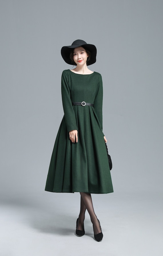 Shipley aangrenzend Zeug Groene Winter Wol Jurk Vrouwen Wol Midi Jurk Lange Mouwen - Etsy Nederland