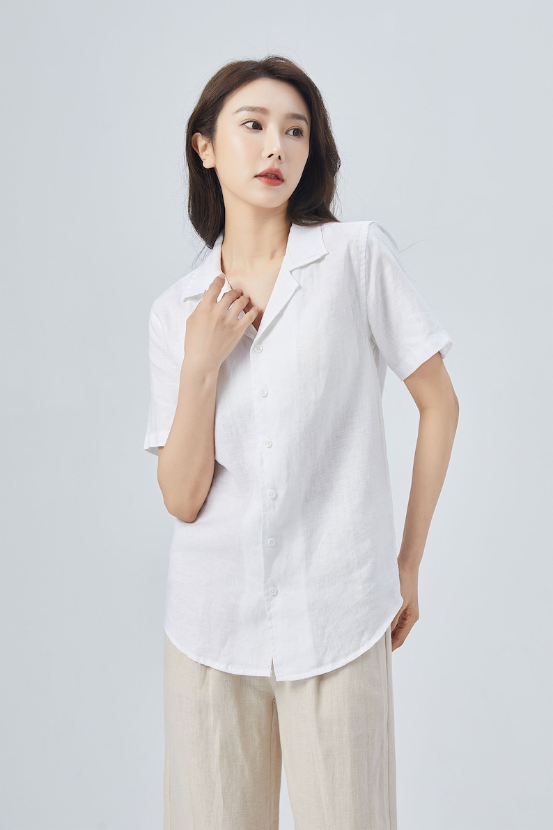 White Linen Shirt, Linen Tops for Women, Linen Button Up Shirt, Linen Shirt Women, Casual Womens Blouses, Linen blouse, Xiaolizi 4148 image 7