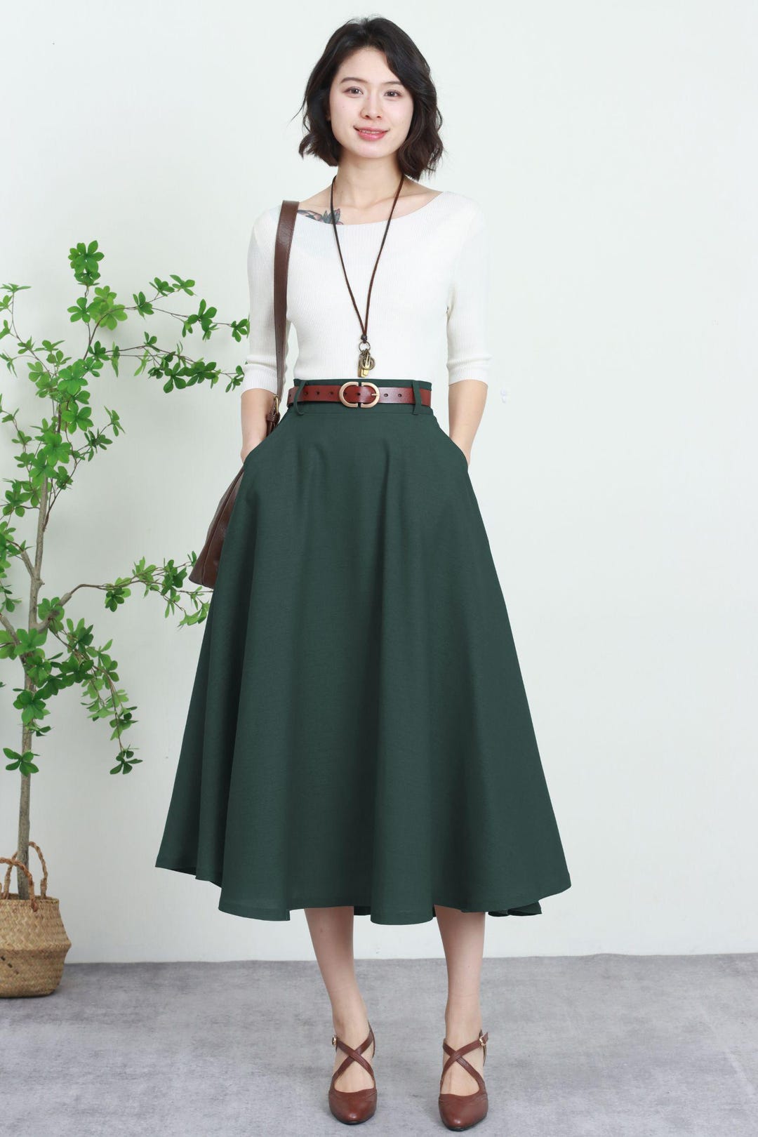 Green Cotton Linen A-Line Skirt main image 1