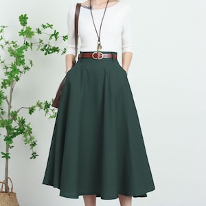 Green Linen Midi Skirt–High-Waisted A-Line skirt with Pockets 5745 Green Linen Midi Skirt–High-Waisted A-Line skirt with Pockets 5745