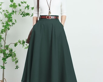 Green Linen Midi Skirt–High-Waisted A-Line skirt with Pockets 5745 Green Linen Midi Skirt–High-Waisted A-Line skirt with Pockets 5745