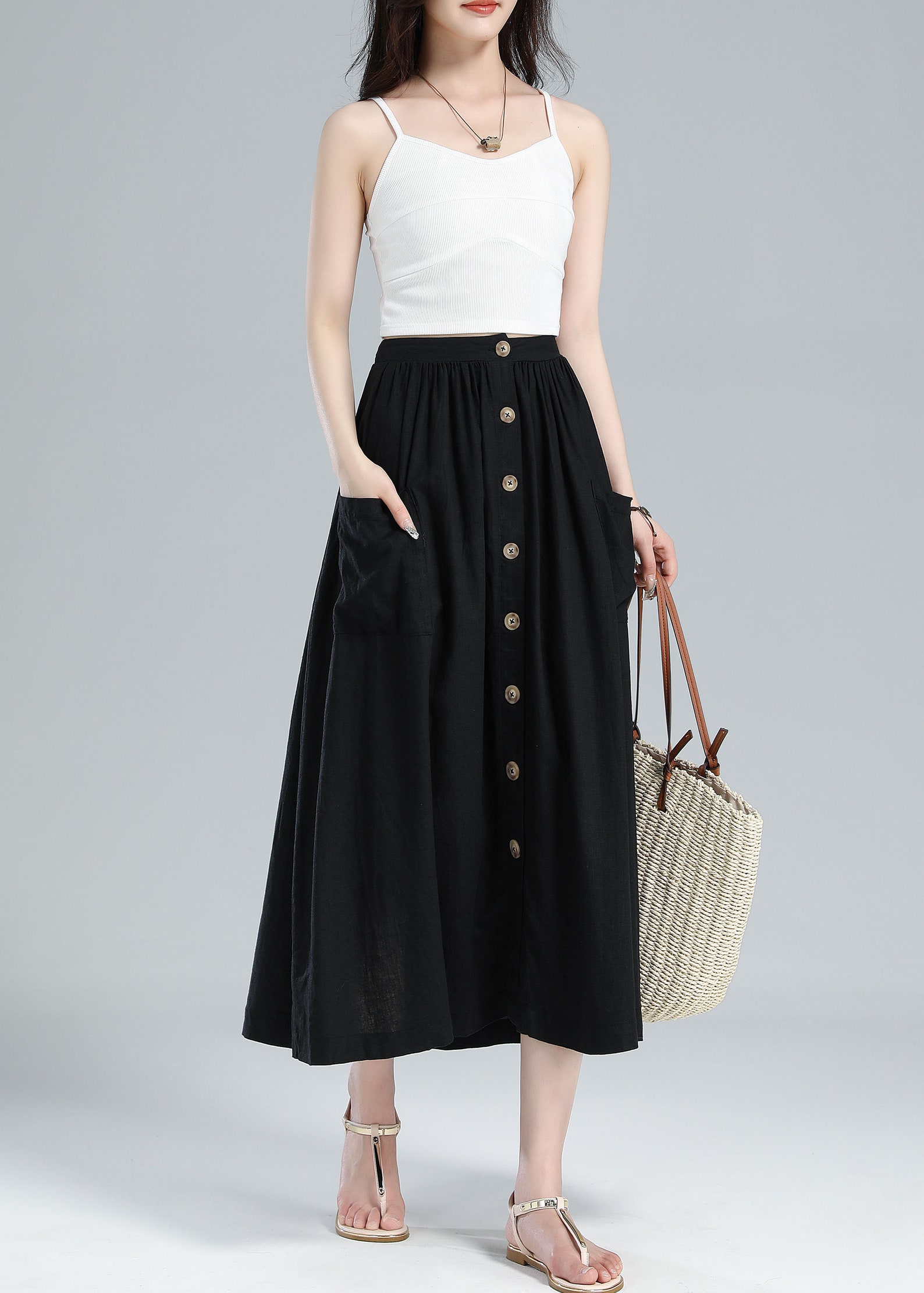 Elastic Waist Button Front Linen Midi Skirt Pleated Swing - Etsy