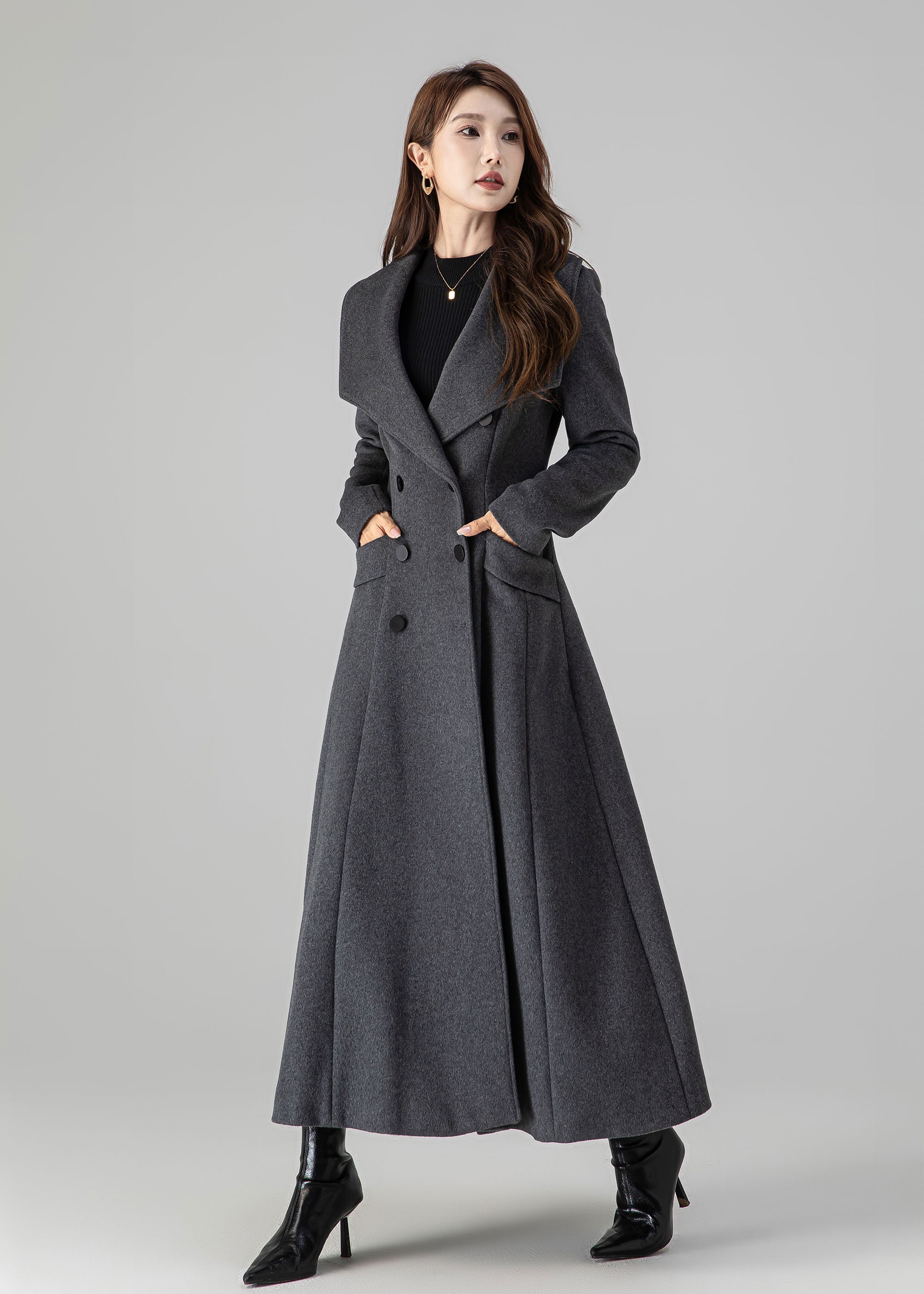 Dark Gray Wool Maxi Coat, Womens Wool Trench Coat, Warm