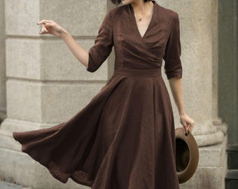 Women's Linen Midi Dress, V neck dress, Summer Brown Linen Dress, Swing Linen Dress, Party Dress with Pockets, Handmade Dress, Xiaolizi 5754