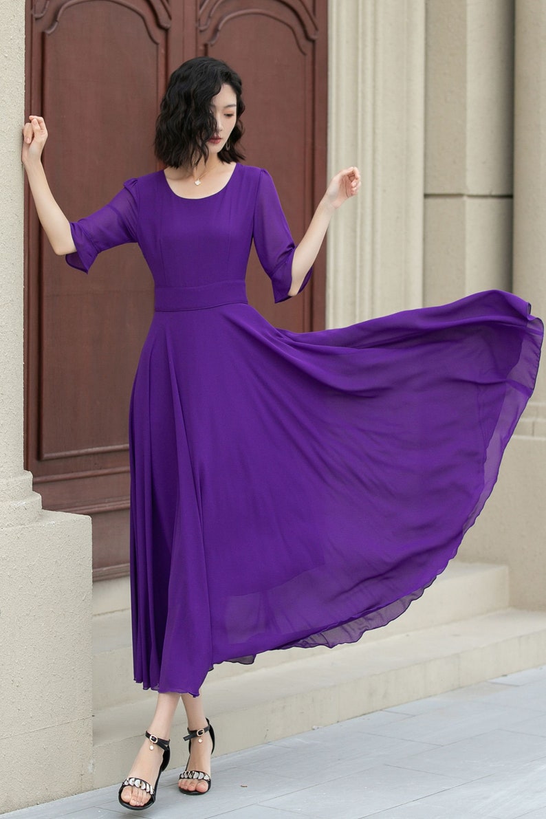 Women's Chiffon Dress, A Line Summer Chiffon Dress, Purple Boho Dress, Big Swing Dress, Circle Chiffon Dress, Ankle Length Dress 5116 image 5