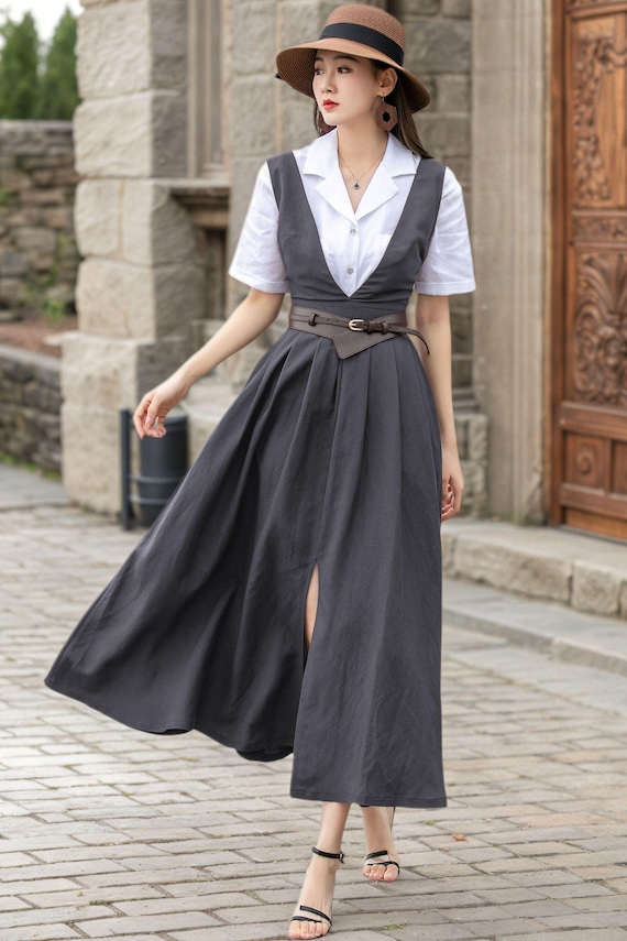 Dark Gray Linen Pinafore Dress: V-Neck Apron Style, Xiaolizi 6145# Dark Gray Linen Pinafore Dress: V-Neck Apron Style, Xiaolizi 6145#