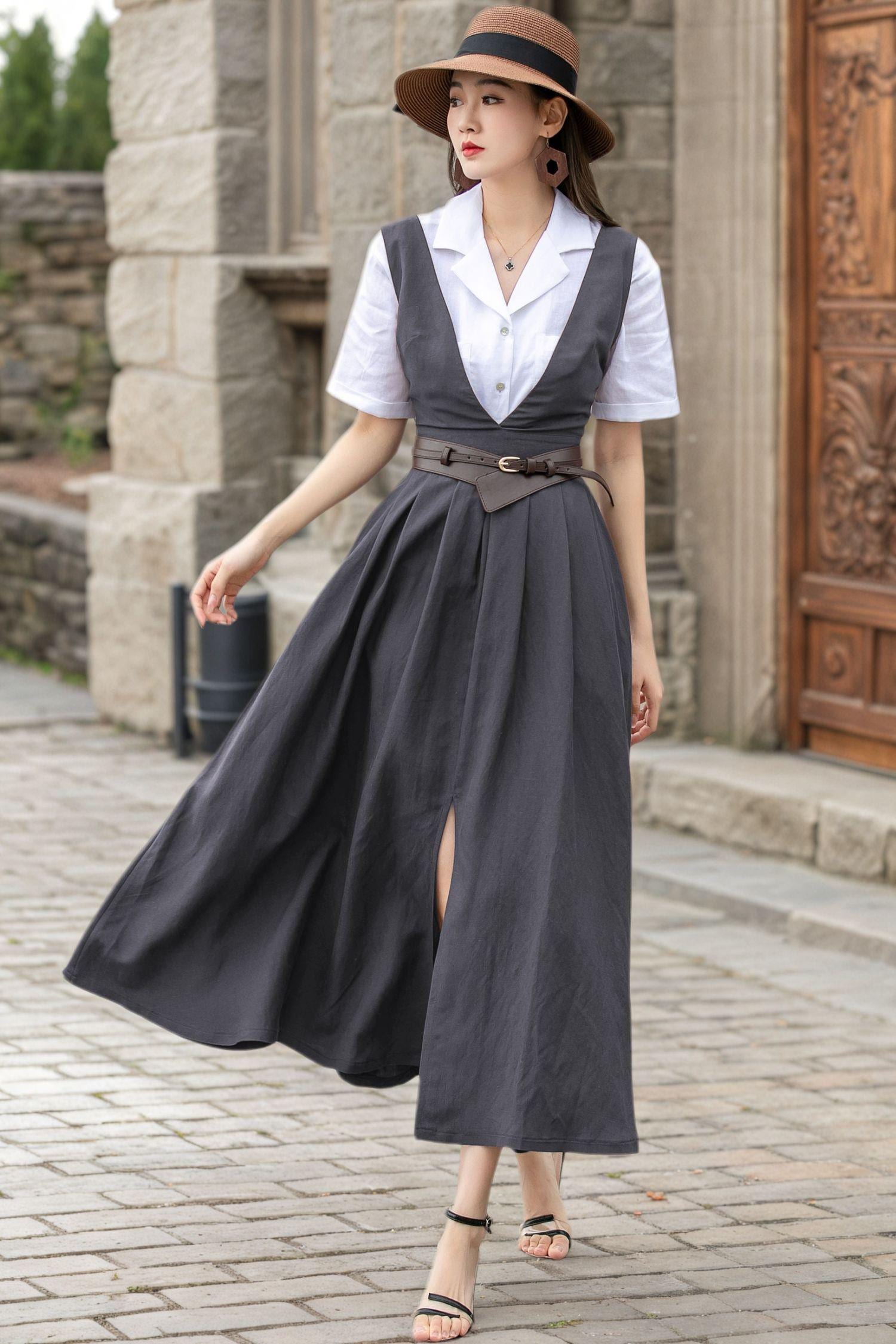 Dark Gray Linen Pinafore Dress: V-neck Apron Style, Xiaolizi 6145 Dark Gray Linen Pinafore Dress: V-neck Apron Style, Xiaolizi 6145