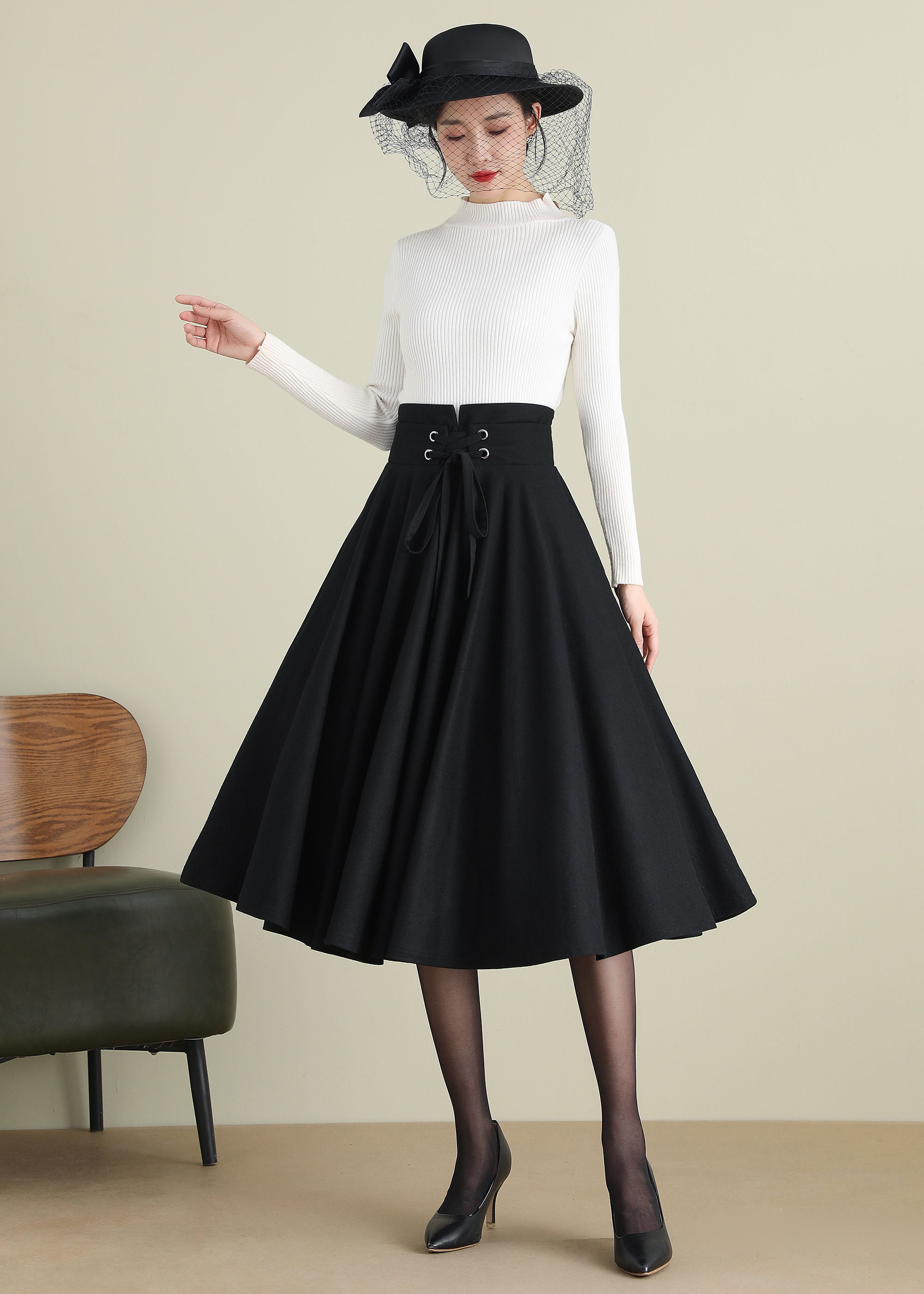 Plaid Wool Skirt in Black, Button Front Midi Skirt, Vintage